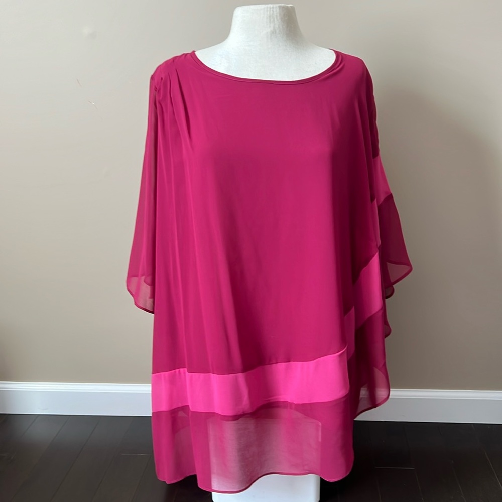 Colleen Lopez HSN asymmetrical sheer flowy blouse maroon/pink w/built in tank XL
